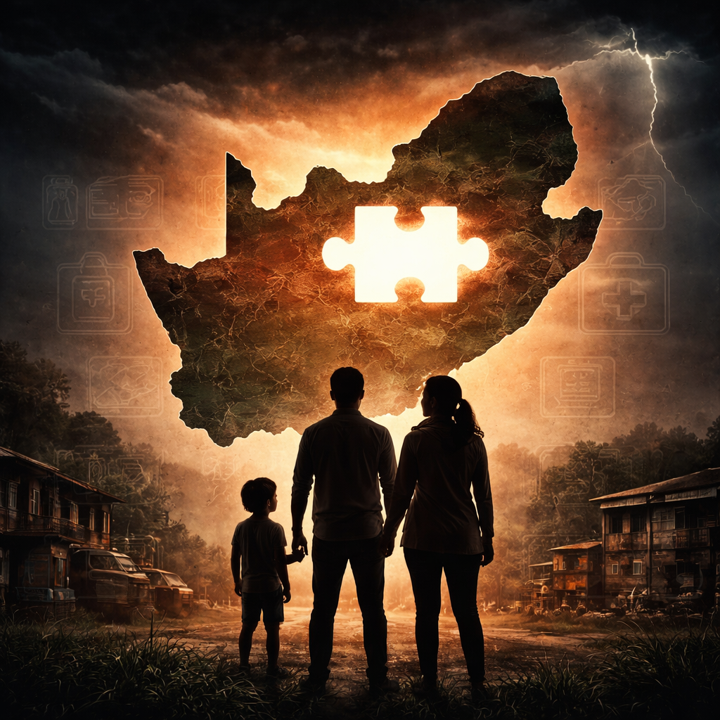 A South African family looking at a map of the country with a glowing puzzle piece missing &mdash; the preparedness gap